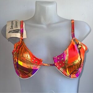 New Old Stock Vintage 90S Neon Orange Gold Foil Sin-Sations Bikini Top Sz L NWT